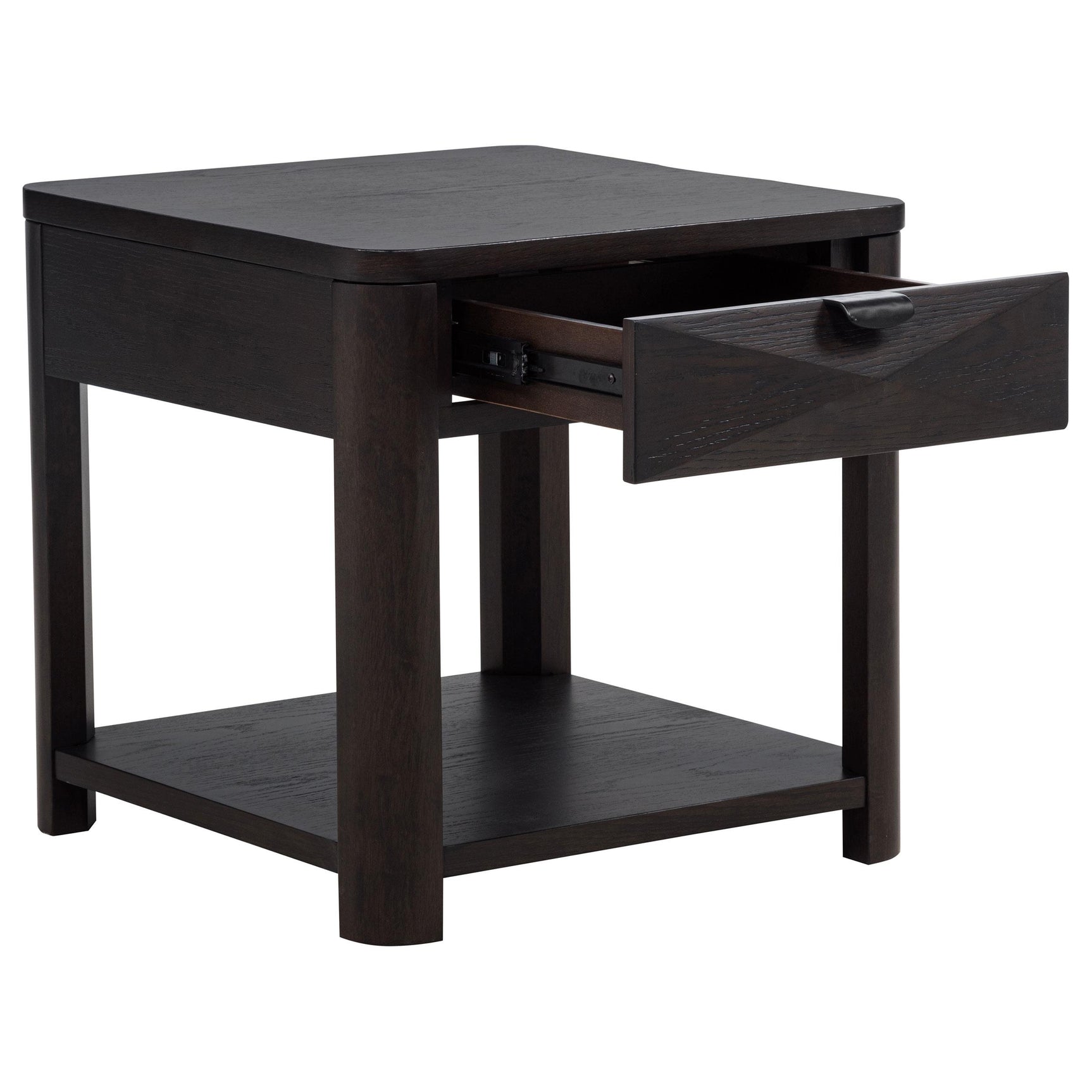 Side angle of Marcelo wood end table highlighting faceted drawer front