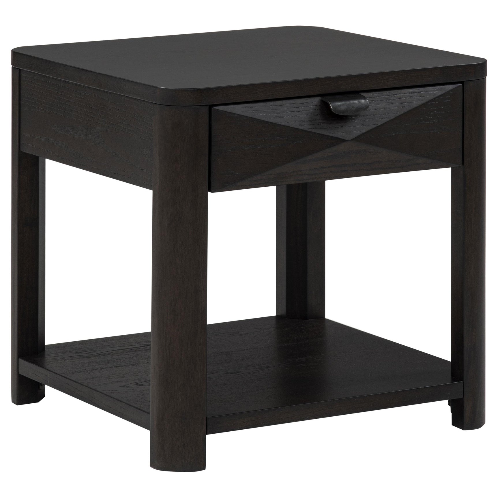 Marcelo end table with faceted drawer front close-up