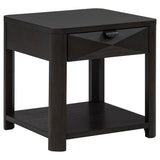 End table with faceted drawer front and open shelf