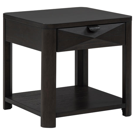 End table with faceted drawer front and open shelf