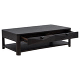 Side view of Marcelo Wood Coffee Table with visible geometric veneer pattern