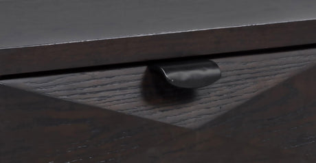Close-up of drawer detail with tinted fronts and wood grain