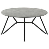 Top view of round coffee table with cement finish