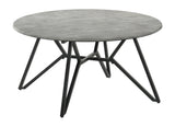 Side angle of Hadi Round Coffee Table with gunmetal hairpin legs