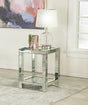Side angle of Mozzi Square End Table revealing jewel-accented bottom shelf
