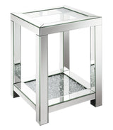 Close-up of beveled mirror trim on Mozzi Square End Table