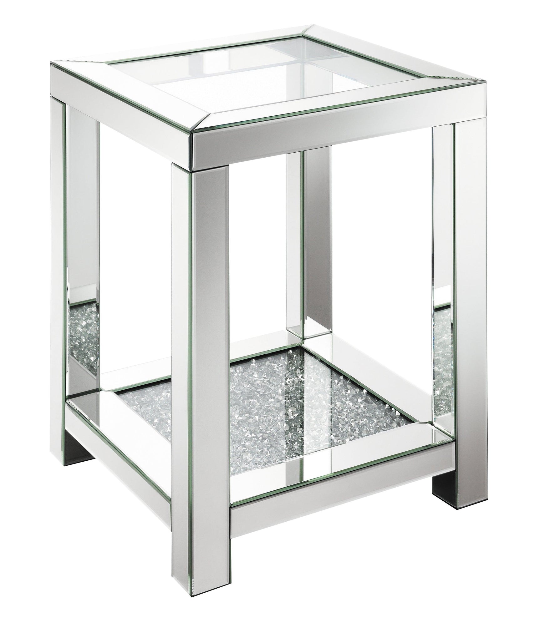 Close-up of beveled mirror trim on Mozzi Square End Table