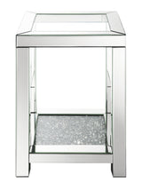 Detail of polished mirror tiles and acrylic jewel accents on bottom shelf