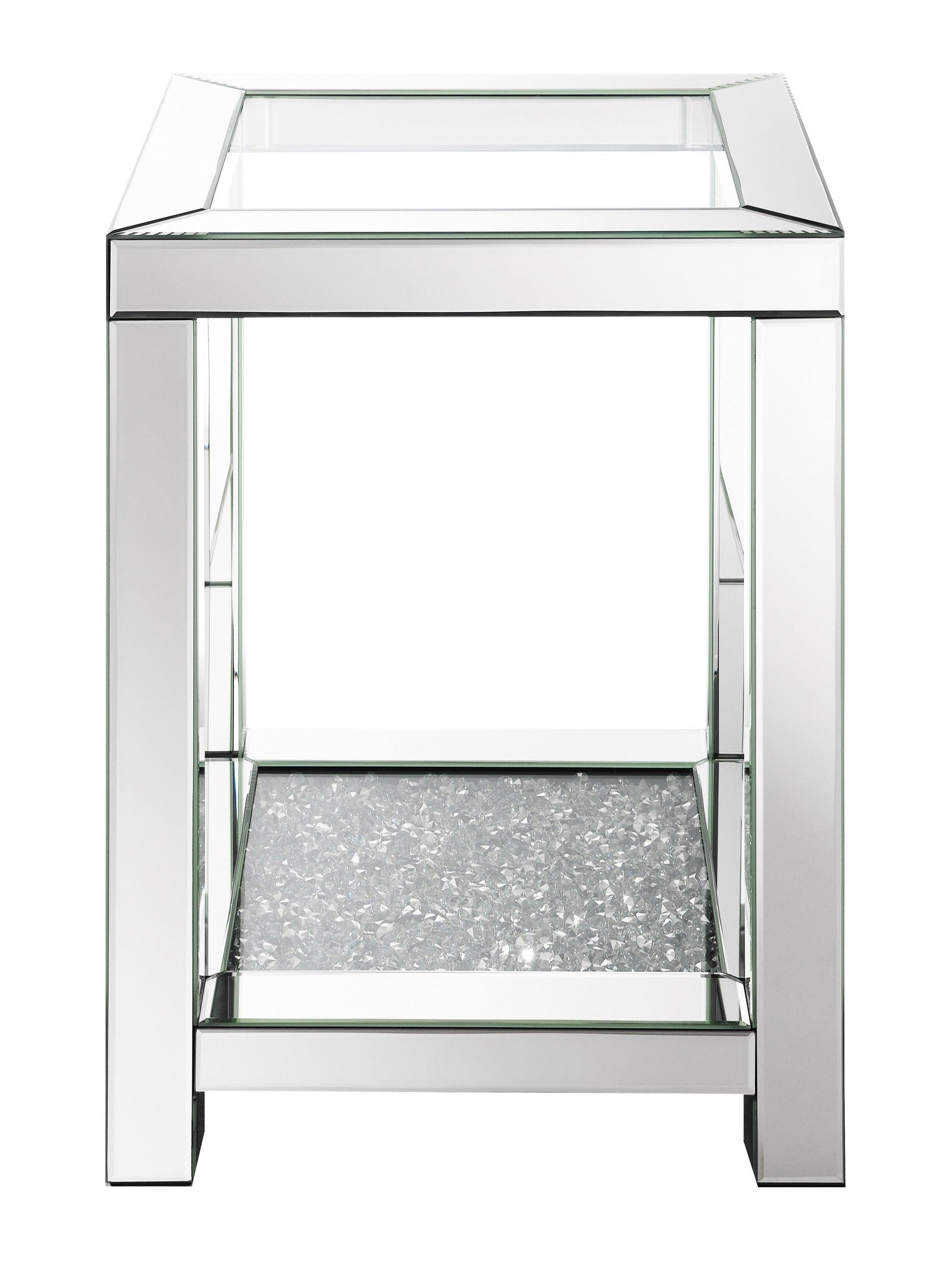 Detail of polished mirror tiles and acrylic jewel accents on bottom shelf