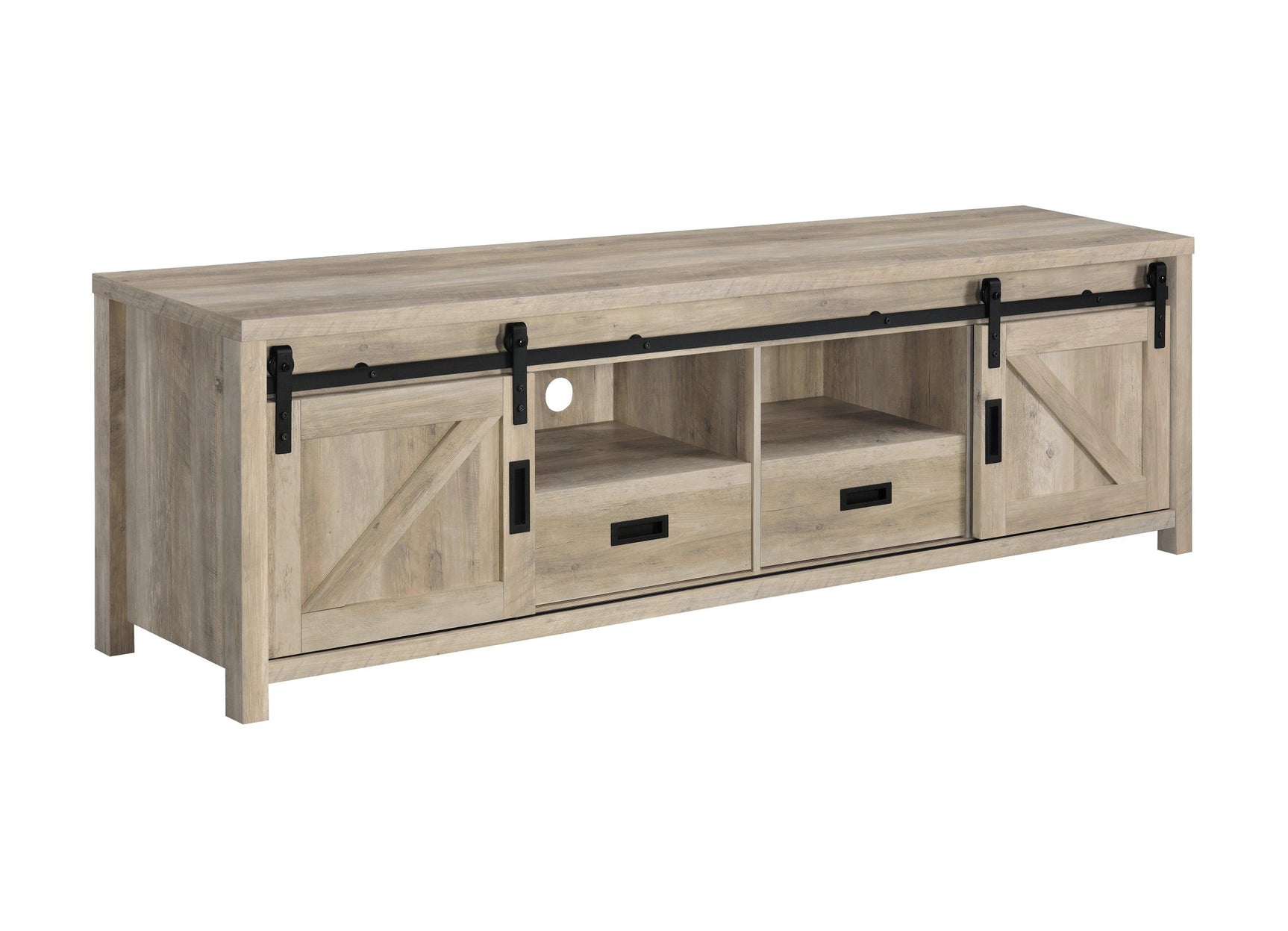 Madra rectangular TV console angled view showing sliding doors open