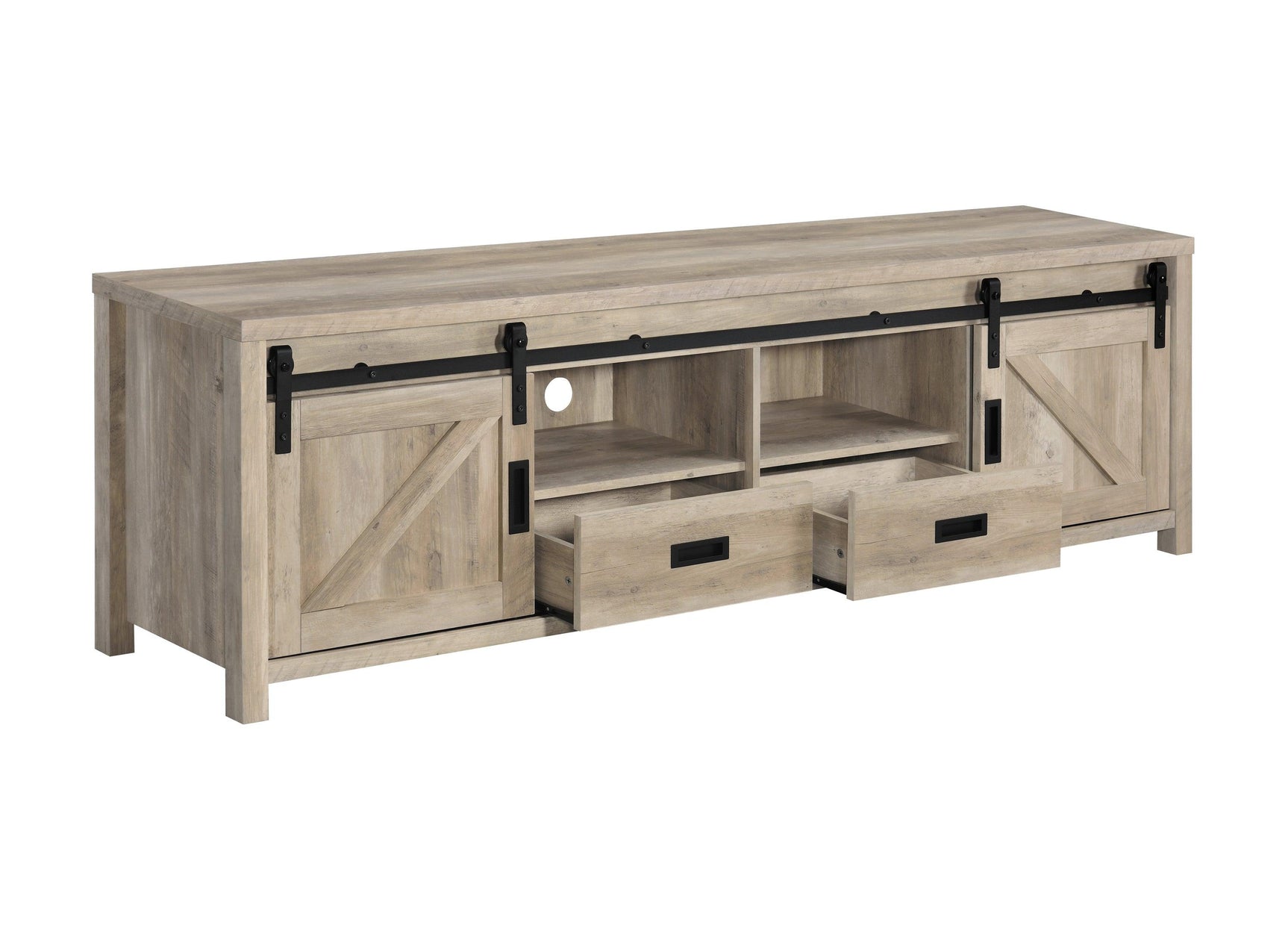 Side view of Madra TV console highlighting metal hardware and wood-like finish
