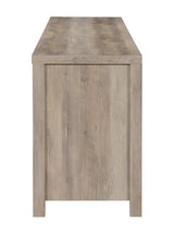 Open sliding door revealing adjustable shelves inside Madra TV console