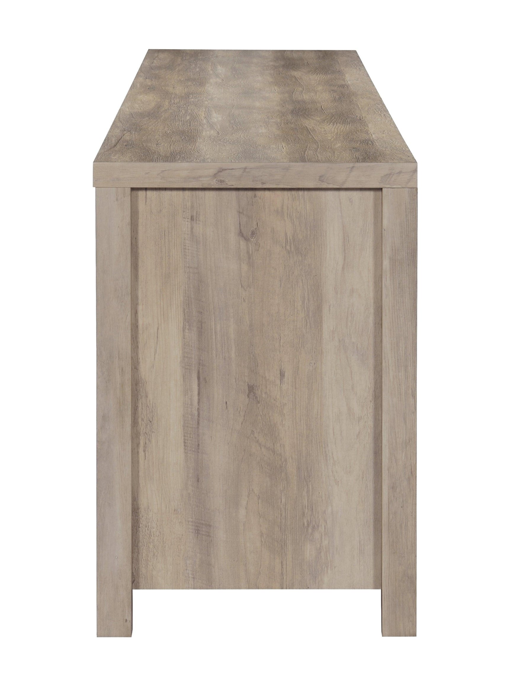 Open sliding door revealing adjustable shelves inside Madra TV console