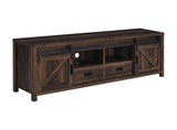 Side angle of Madra Rectangular TV Console showing sliding doors and storage