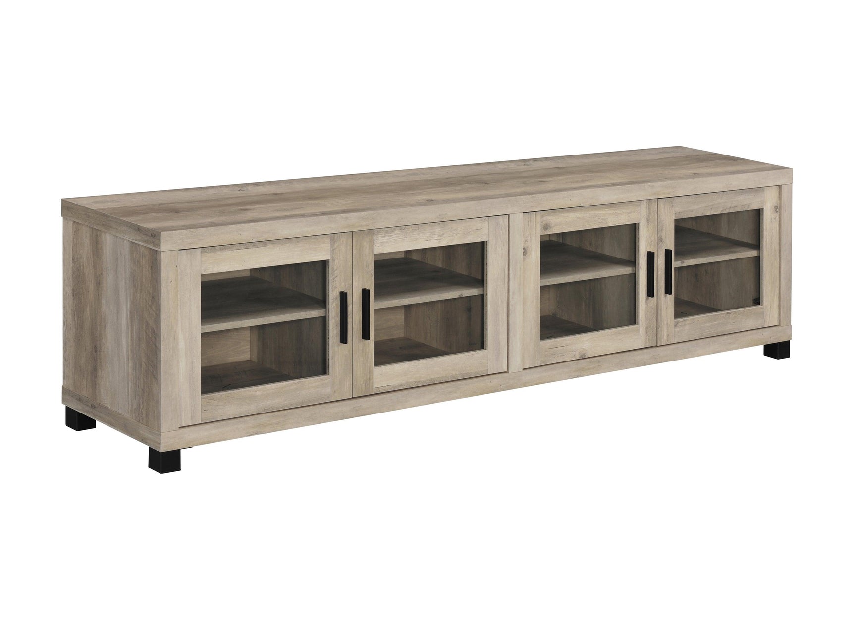 Sachin TV Console glass doors open showing shelves