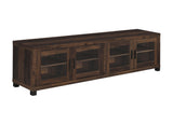 Close-up of Sachin TV console glass cabinet door and black pull handle