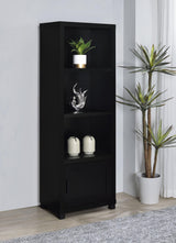Media tower with open shelves and concealed cabinet in black