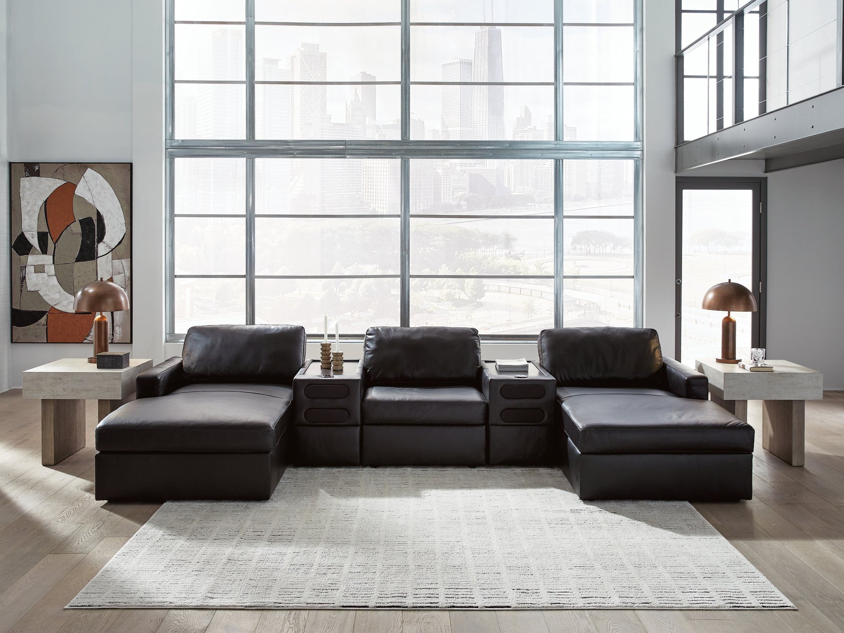 main view of Modmax II Black Leather 5-Piece Double Chaise Sectional with Audio Consoles sectional sofa