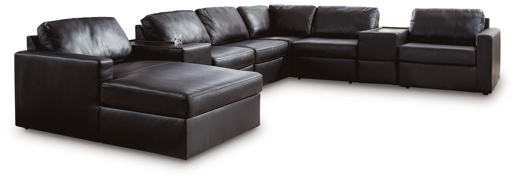 Detailed view of sectional sofa hardware and leather