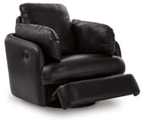 reclining view of Modmax II Black Leather Swivel Glider Recliner recliner