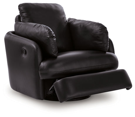 Reclining position of Modmax II Black Leather Swivel Glider Recliner