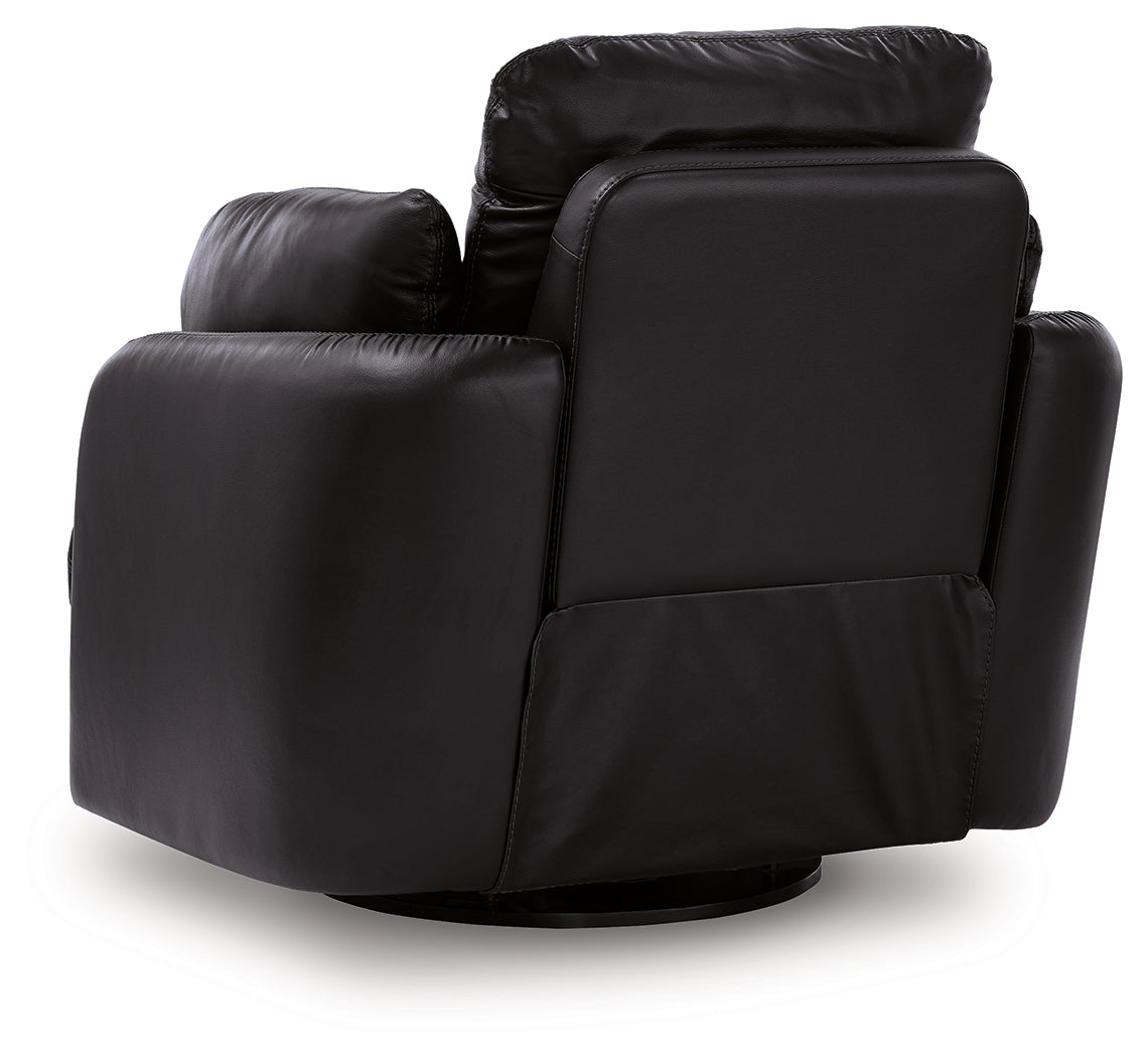 reclining view of Modmax II Black Leather Swivel Glider Recliner recliner