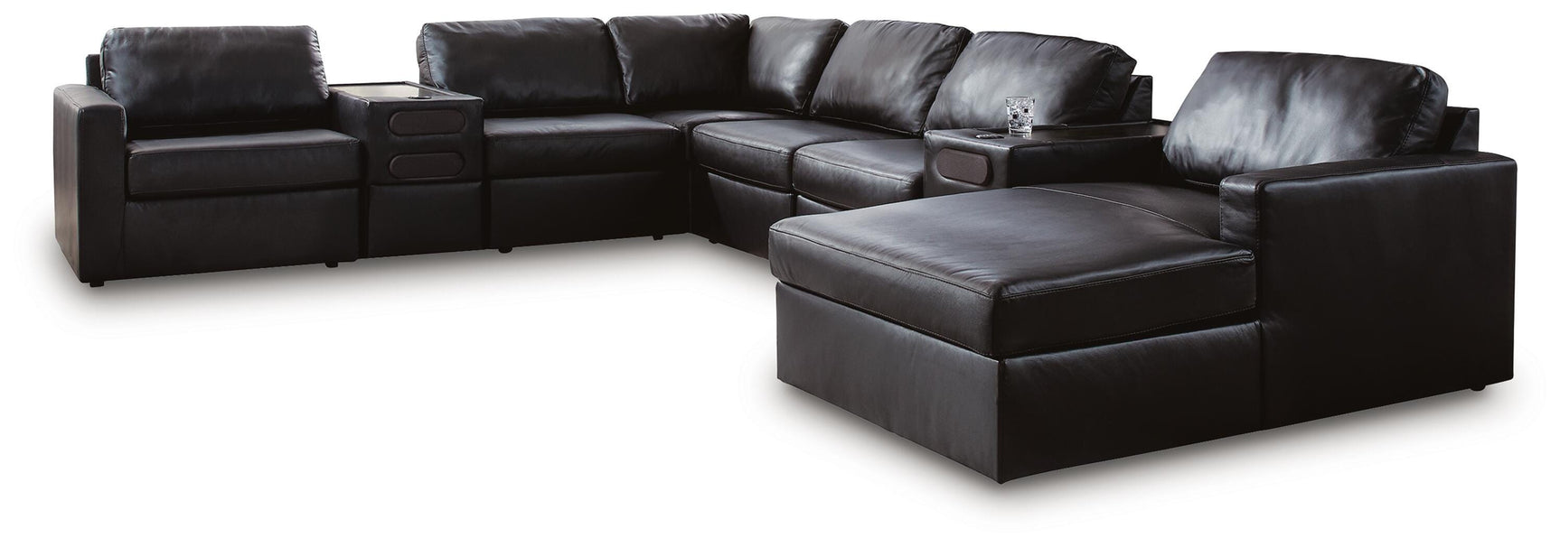 Side view of Modmax II black leather sectional with chaise and audio consoles