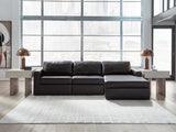 Modmax II black leather 3-piece sectional sofa with chaise, side view