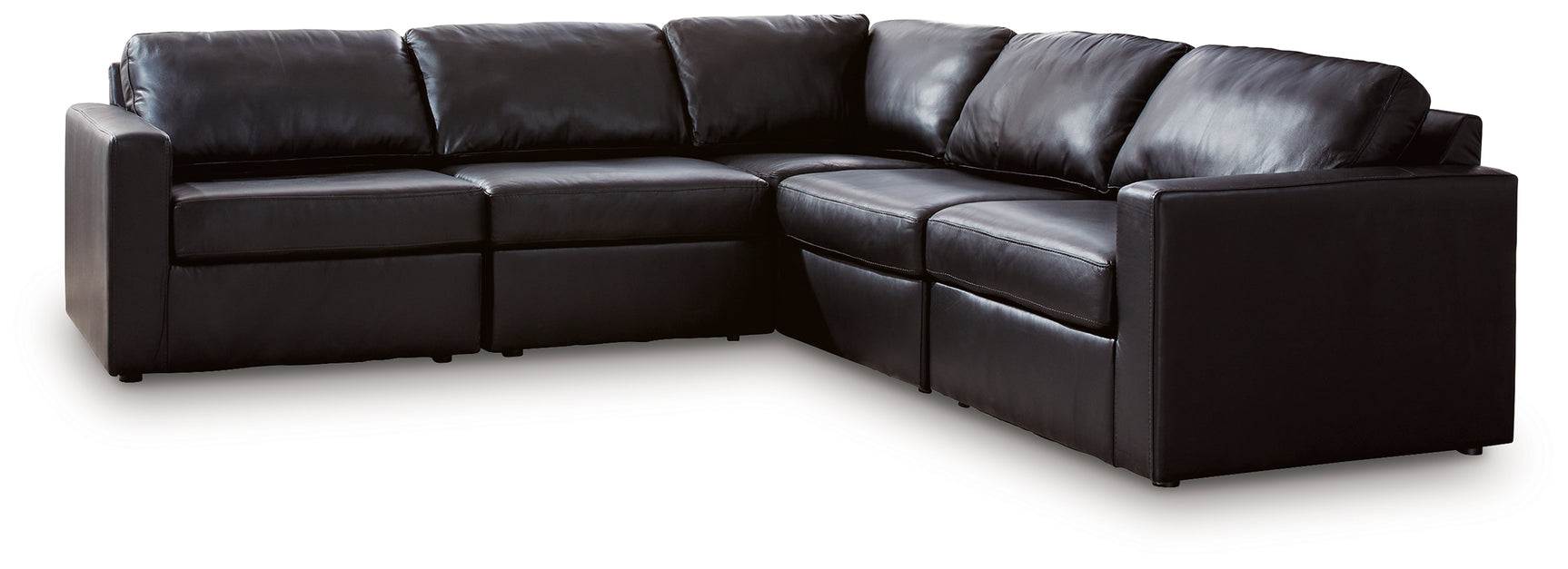 Side view of Modmax II Black Leather 5-Piece Sectional sofa showing sectional shape