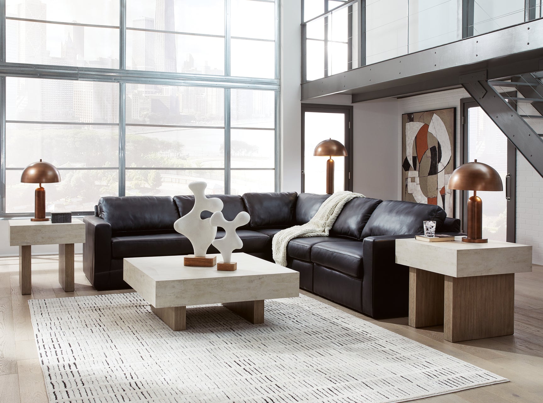 Detail view of black leather upholstery on Modmax II sectional sofa