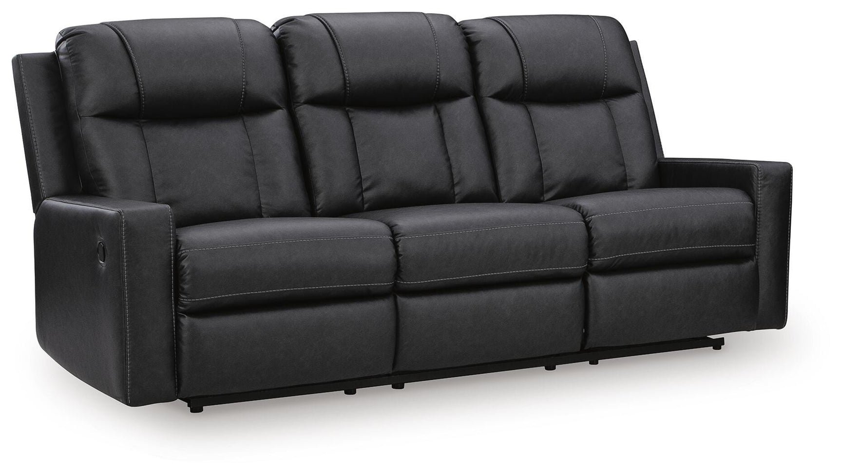 Mackmenville Carbon Faux Leather Reclining Sofa angled view