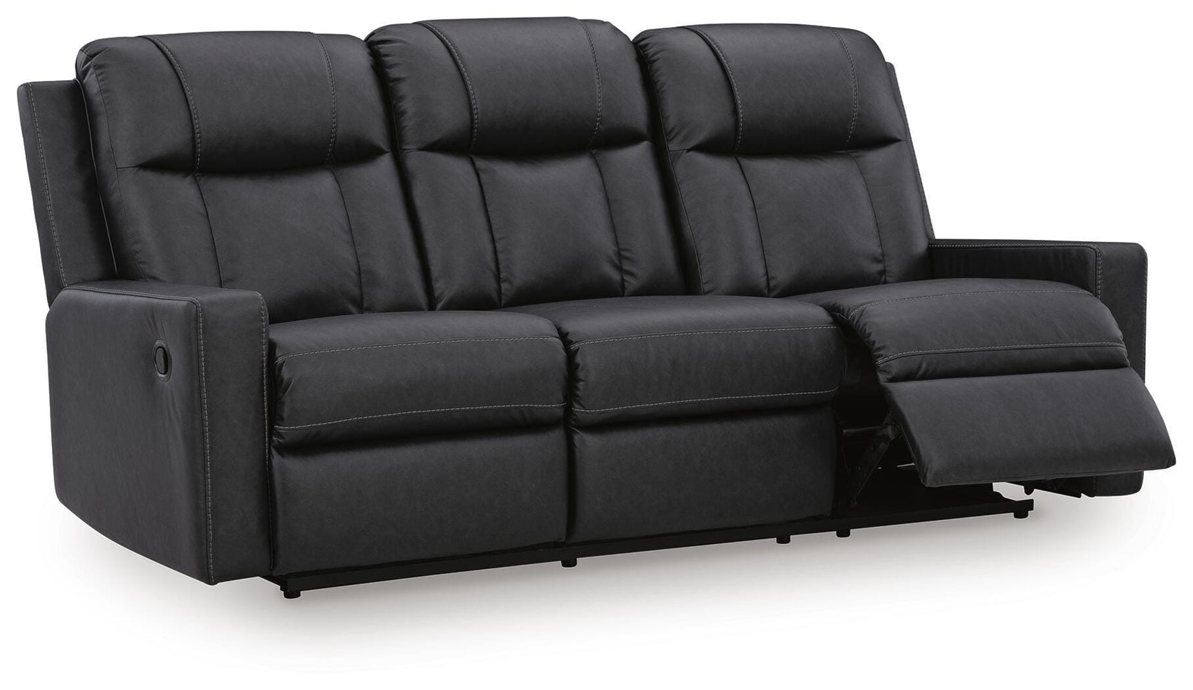 Mackmenville Carbon Faux Leather Reclining Sofa angled view