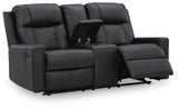 Mackmenville Carbon Faux Leather Reclining Loveseat with Console angled view