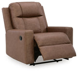 Mackmenville Caramel Faux Leather Recliner angled view