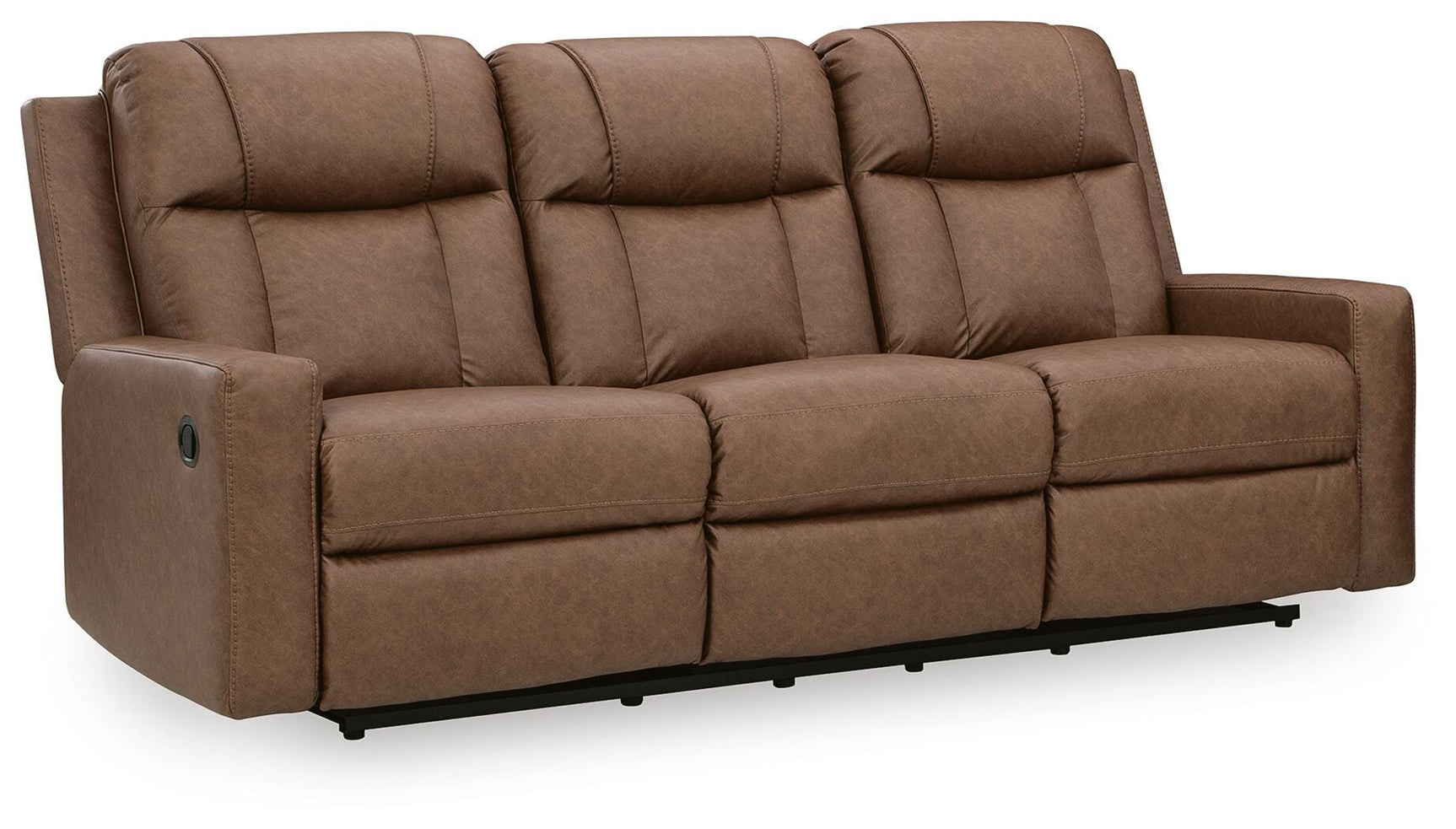 Mackmenville Caramel Faux Leather Reclining Sofa angled view