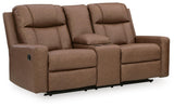 Mackmenville Caramel Faux Leather Reclining Loveseat with Console angled view