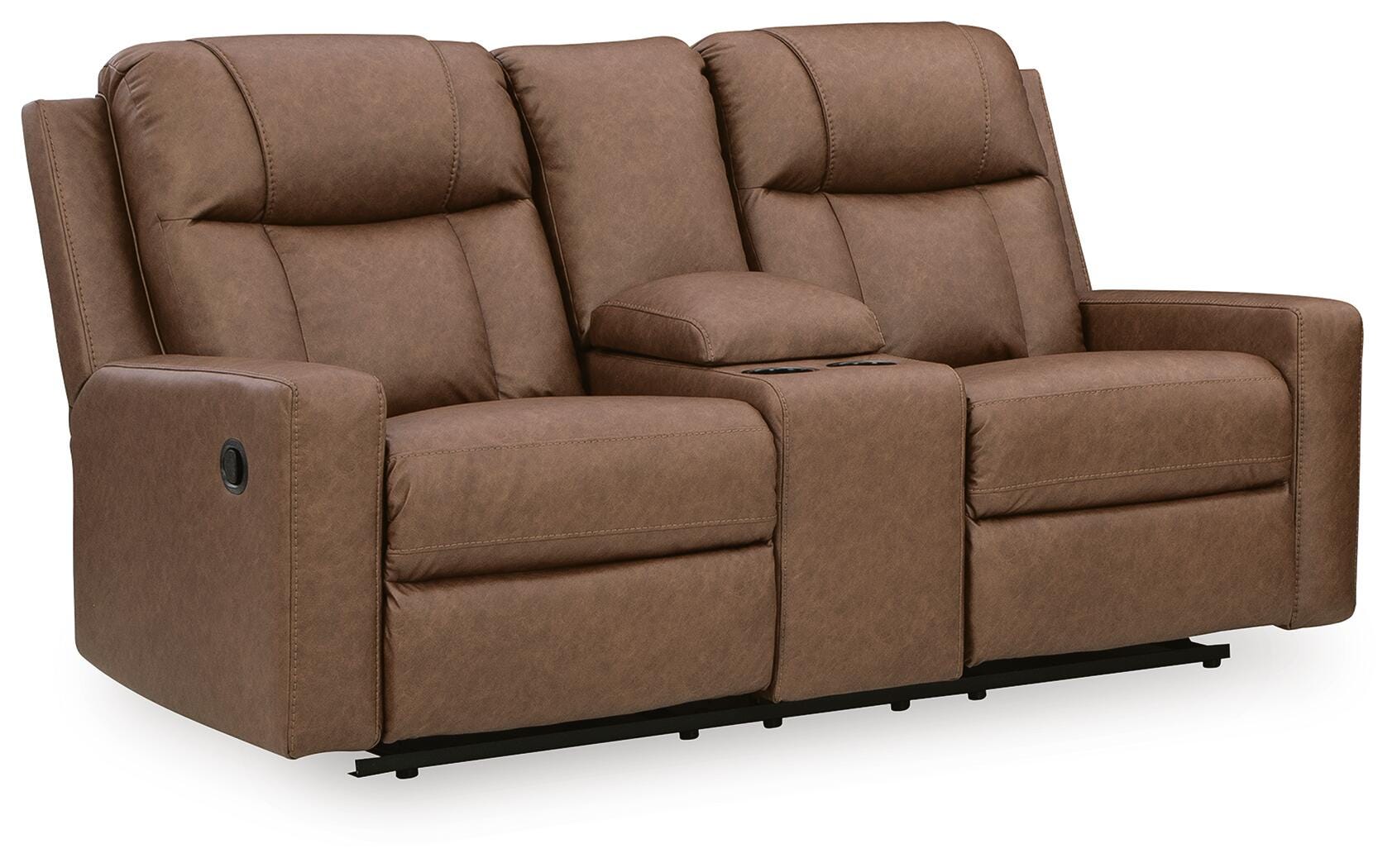 Mackmenville Caramel Faux Leather Reclining Loveseat with Console angled view