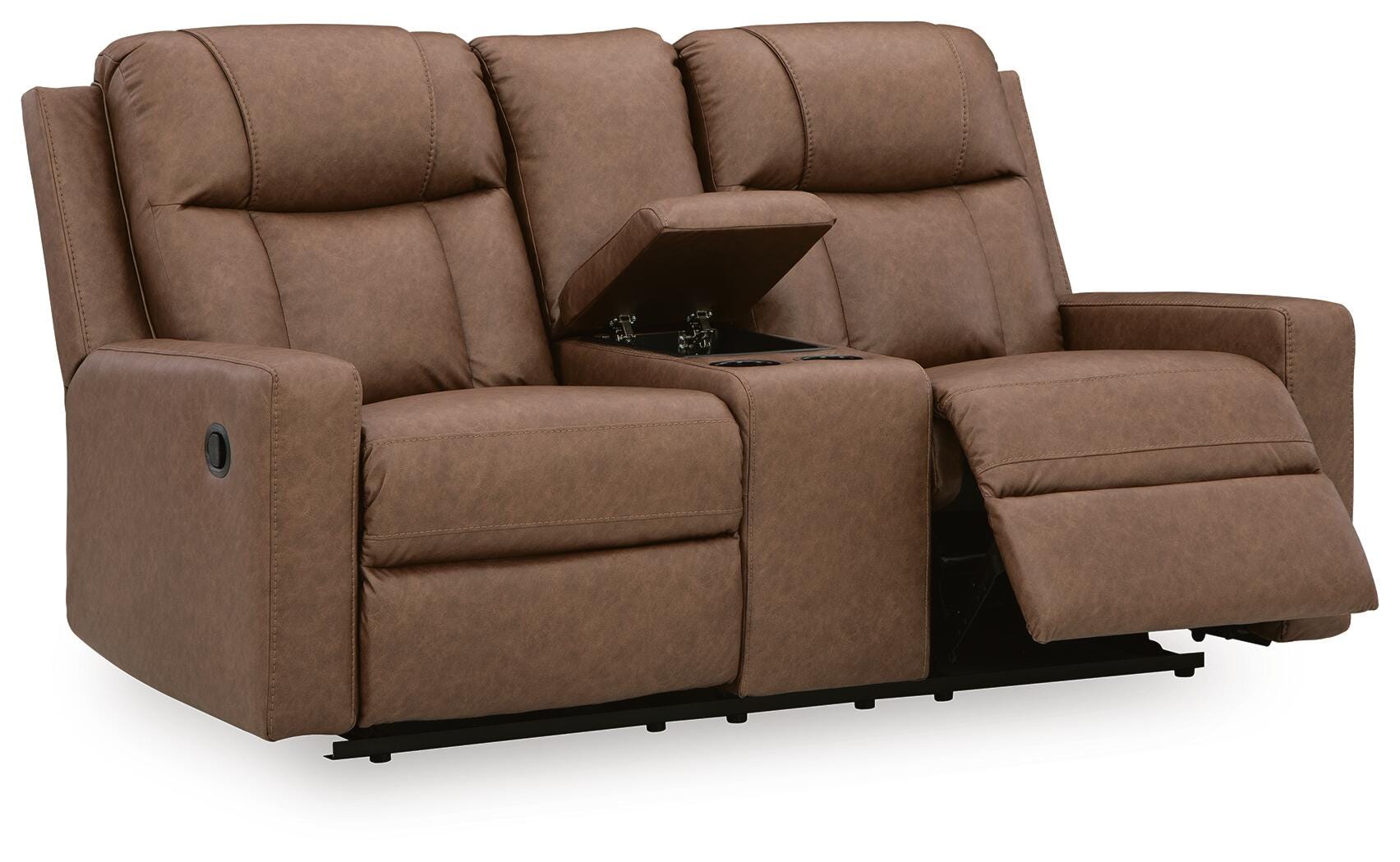 Mackmenville Caramel Faux Leather Reclining Loveseat with Console angled view