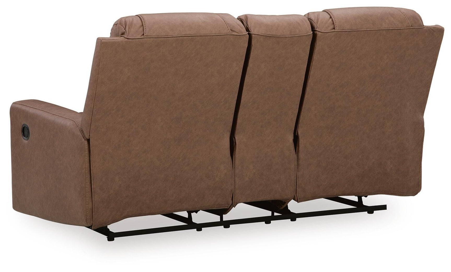 Mackmenville Caramel Faux Leather Reclining Loveseat with Console view 6