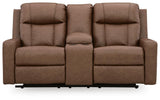 Mackmenville Caramel Faux Leather Reclining Loveseat with Console view 5