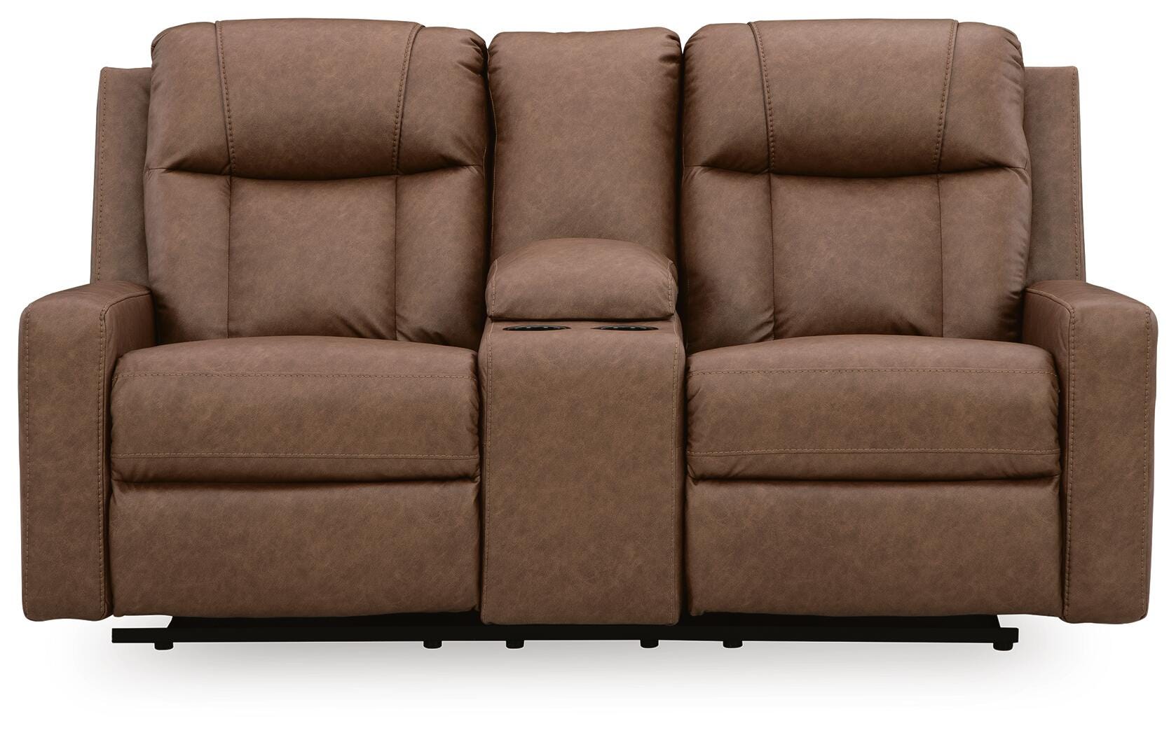 Mackmenville Caramel Faux Leather Reclining Loveseat with Console view 5
