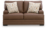 Back view of VillaCourt caramel faux leather loveseat
