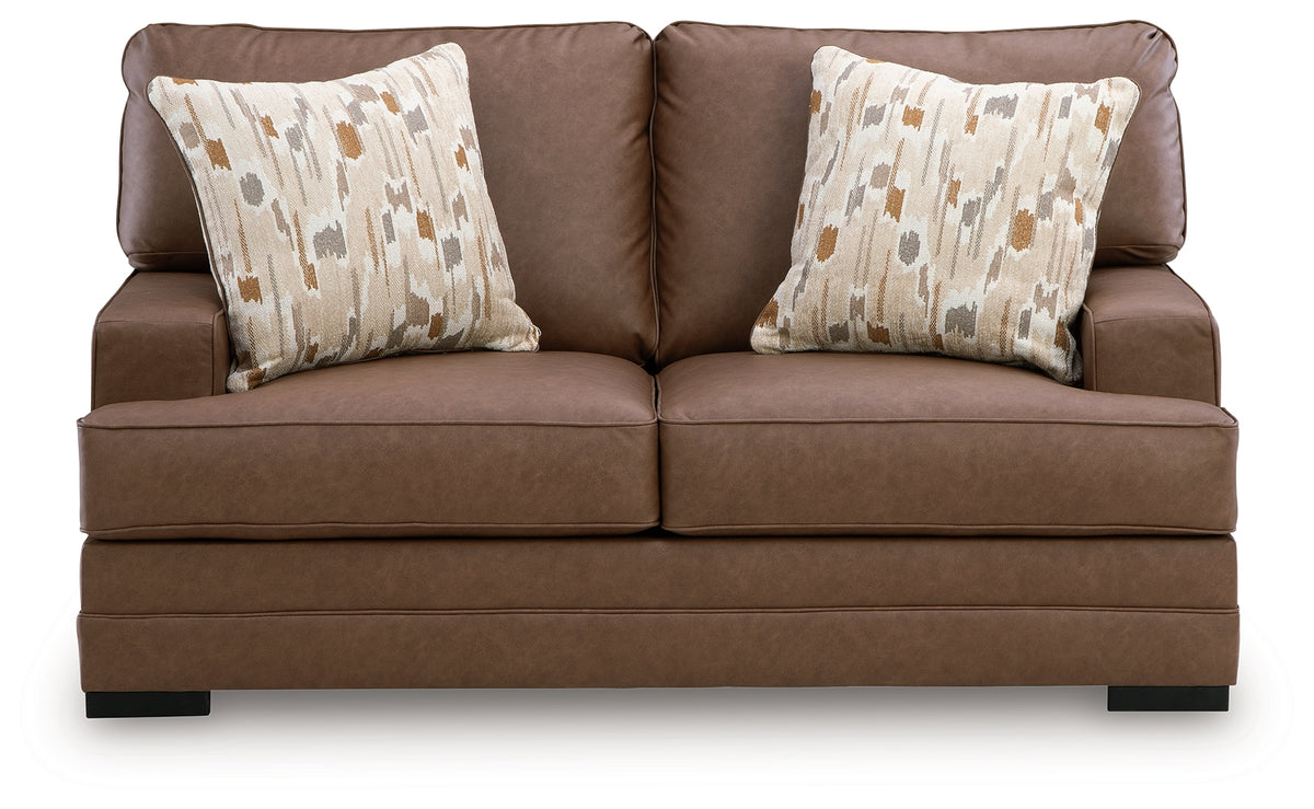 Back view of VillaCourt caramel faux leather loveseat