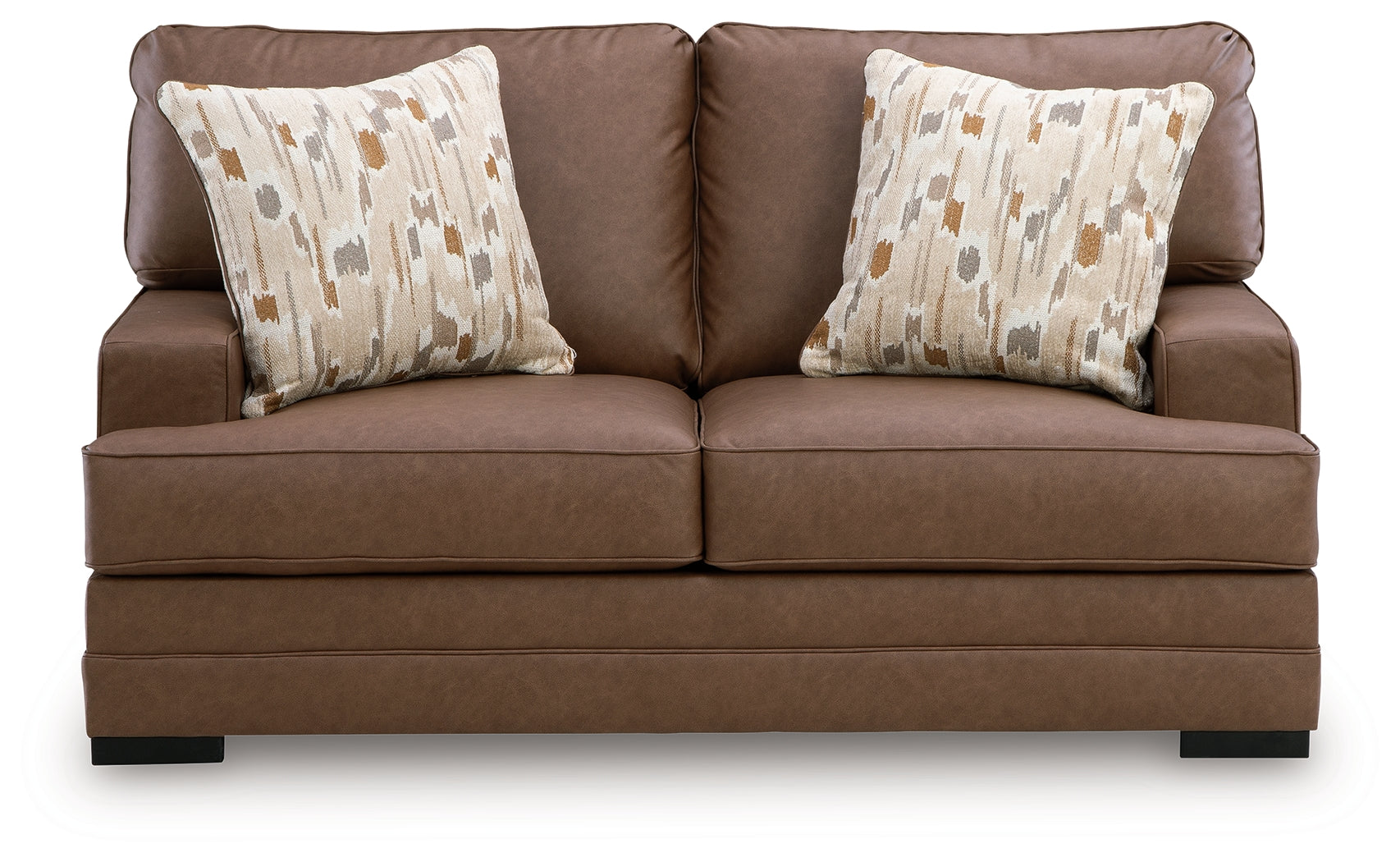 Back view of VillaCourt caramel faux leather loveseat