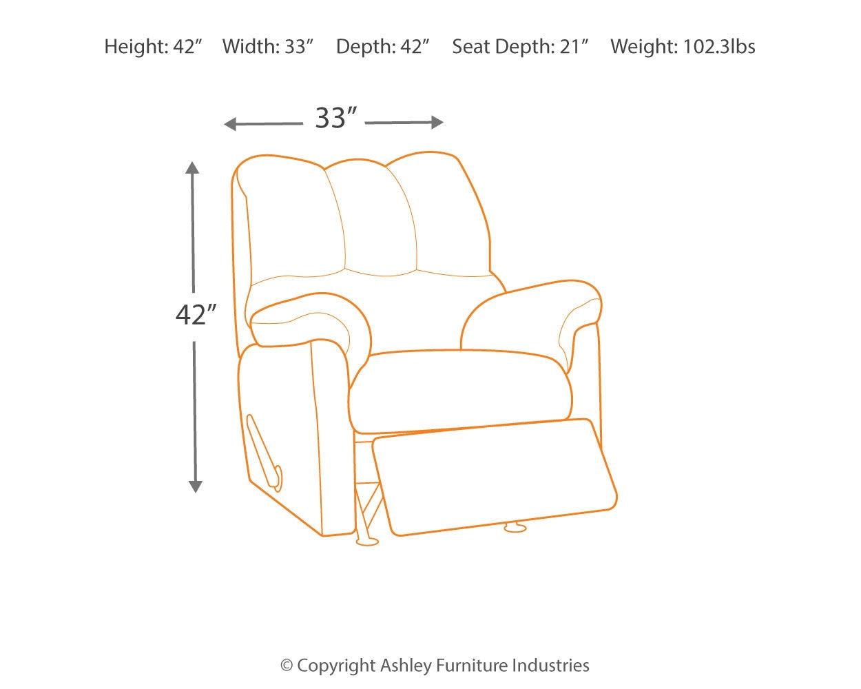 Darcy Cobblestone Microfiber Recliner with dimensions shown