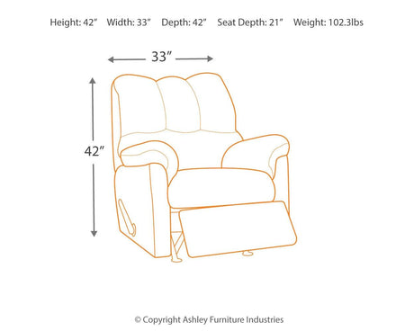 Darcy Cobblestone Microfiber Recliner with dimensions shown