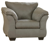 Side angle of Darcy Cobblestone Microfiber Chair highlighting plush pillow armrests