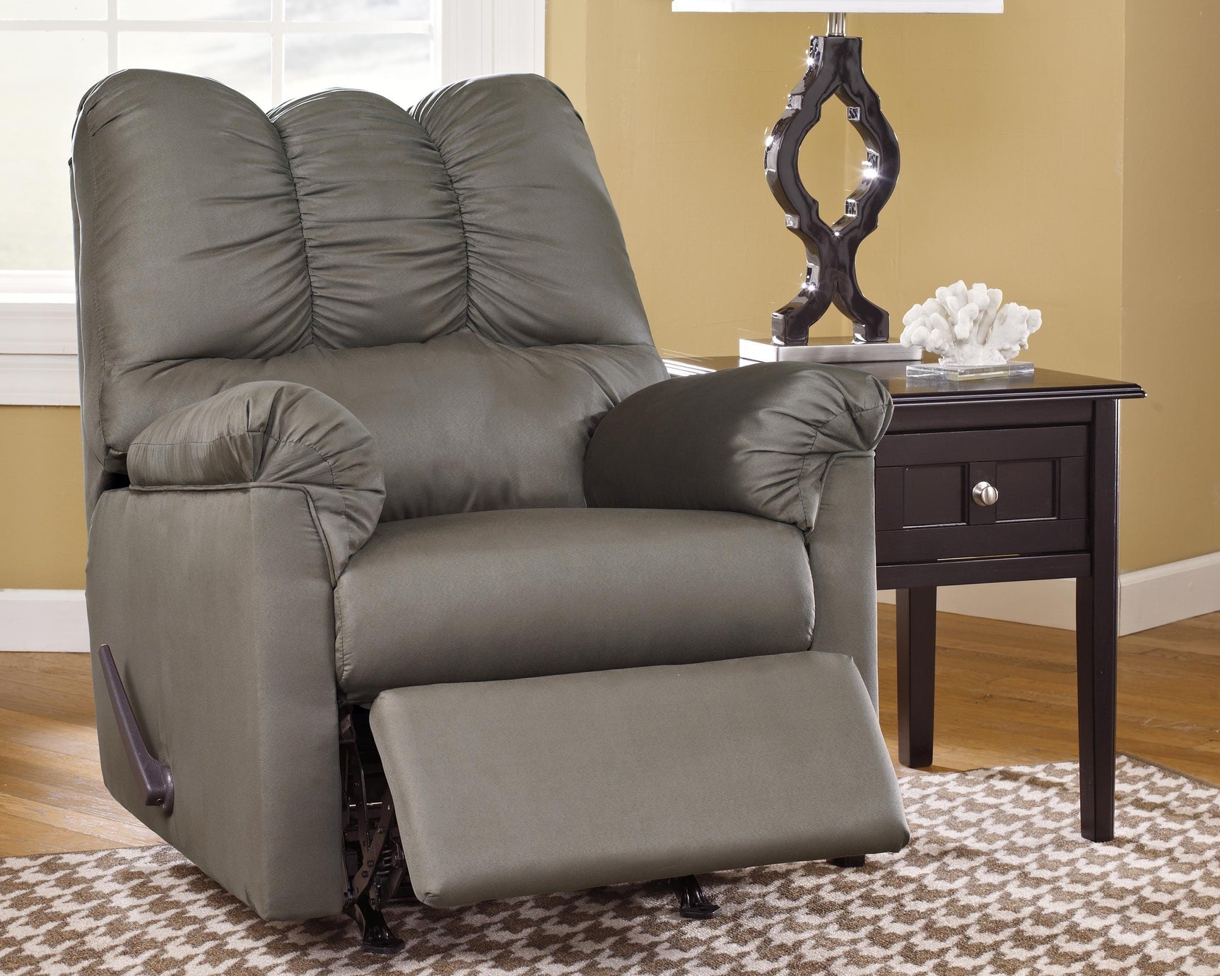 Darcy Cobblestone Microfiber Recliner reclined position