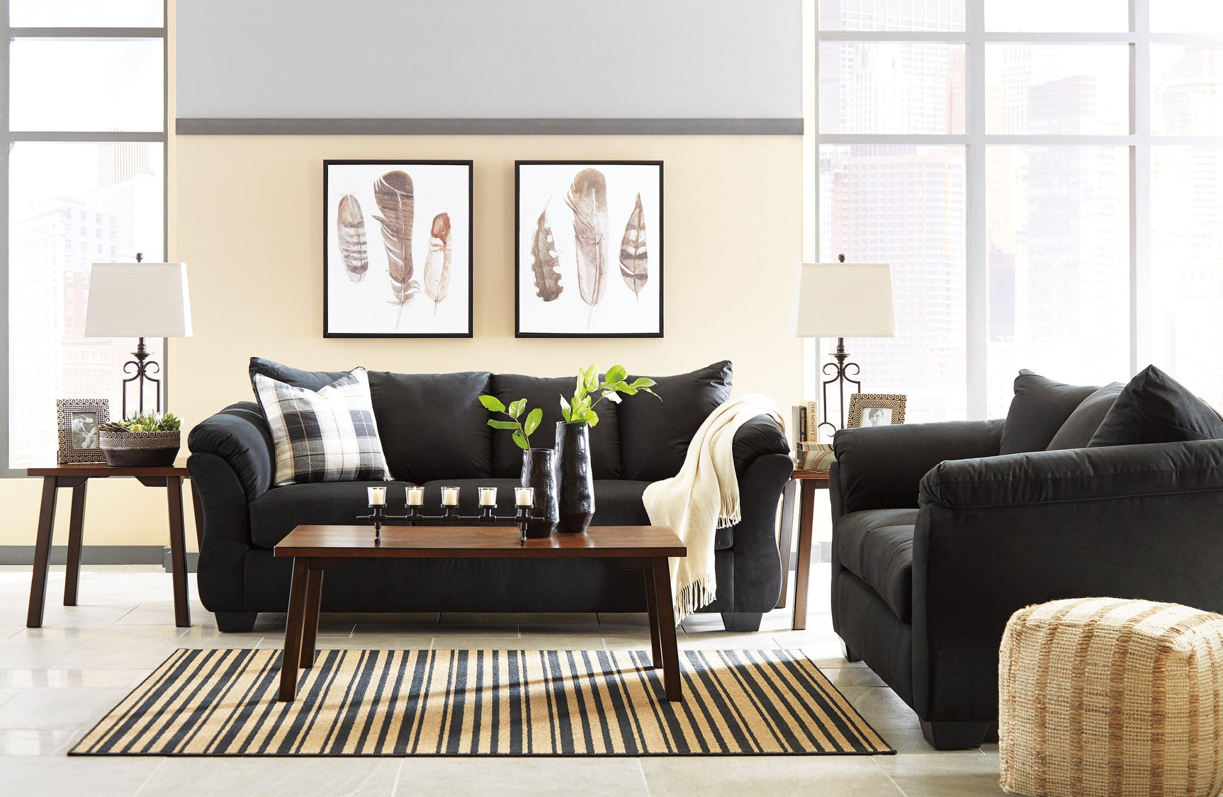 Darcy Black Microfiber Sofa with pillow detail
