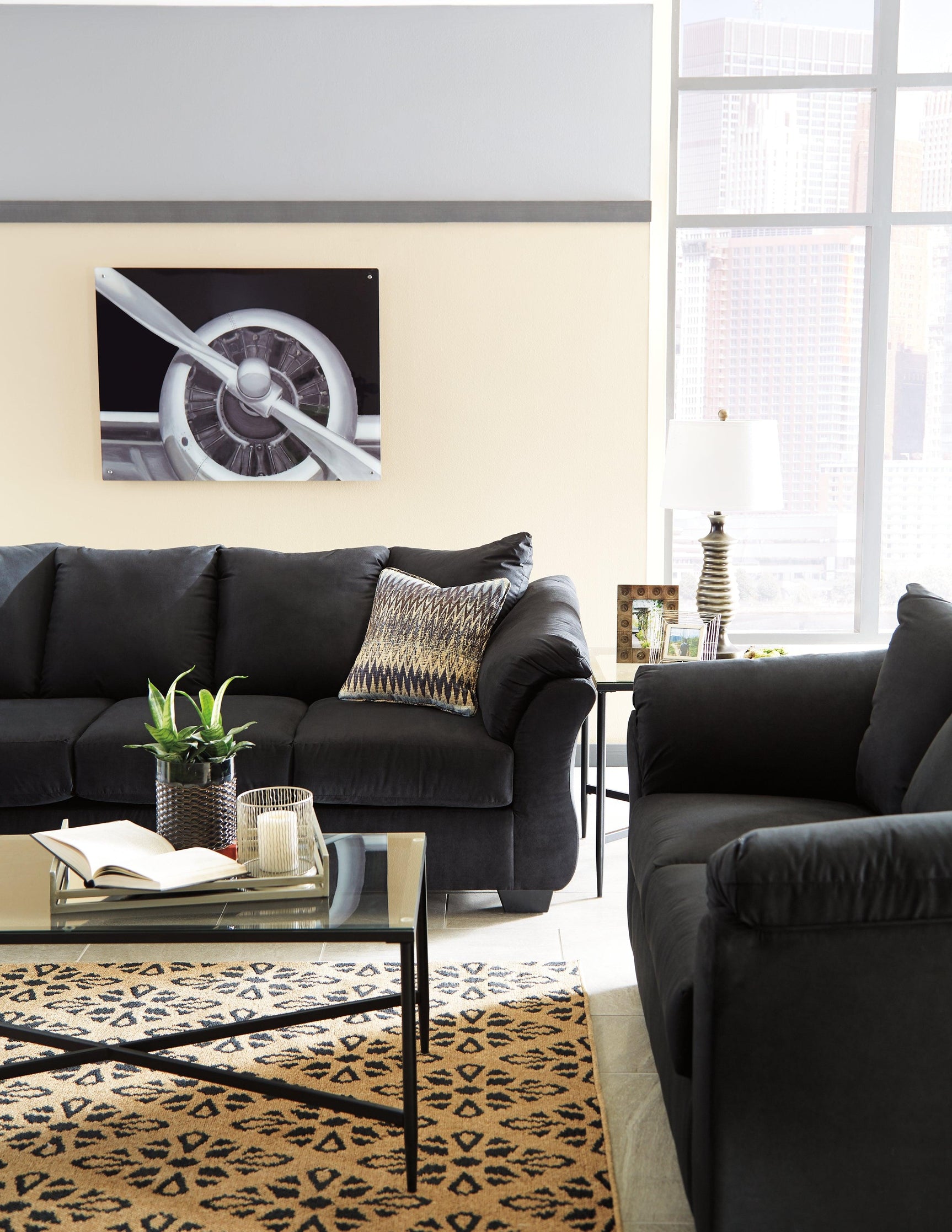 Darcy Black Microfiber Sofa side close-up mood view